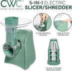 COOK WITH COLOR 5-in-1 Electric Slicer, 150W Food Prep Machine – Cheese Shredder, Fine & Coarse Graters, Potato Grater, Vegetable Slicer, Fruit, Salad Shooter, Compact Design for Bowl Prep, Green