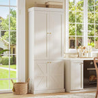 70.8" Tall Farmhouse Kitchen Pantry Cabinet with Glass Doors, Modular Wooden Storage Cabinet with 6-Tier Adjustable Shelves, Hutch for Kitchen or Living Room, White, Set of 2