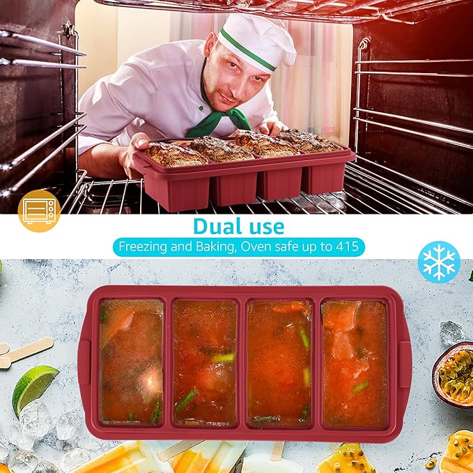 Silicone Freezer Tray With Lid - Silicone Freezer Food Molds- Large Ice Cube Tray,Silicone Freezer Container,Freeze & Store Soup, Sauce, Broth,Leftovers - Makes 4 Perfect 1 Cup
