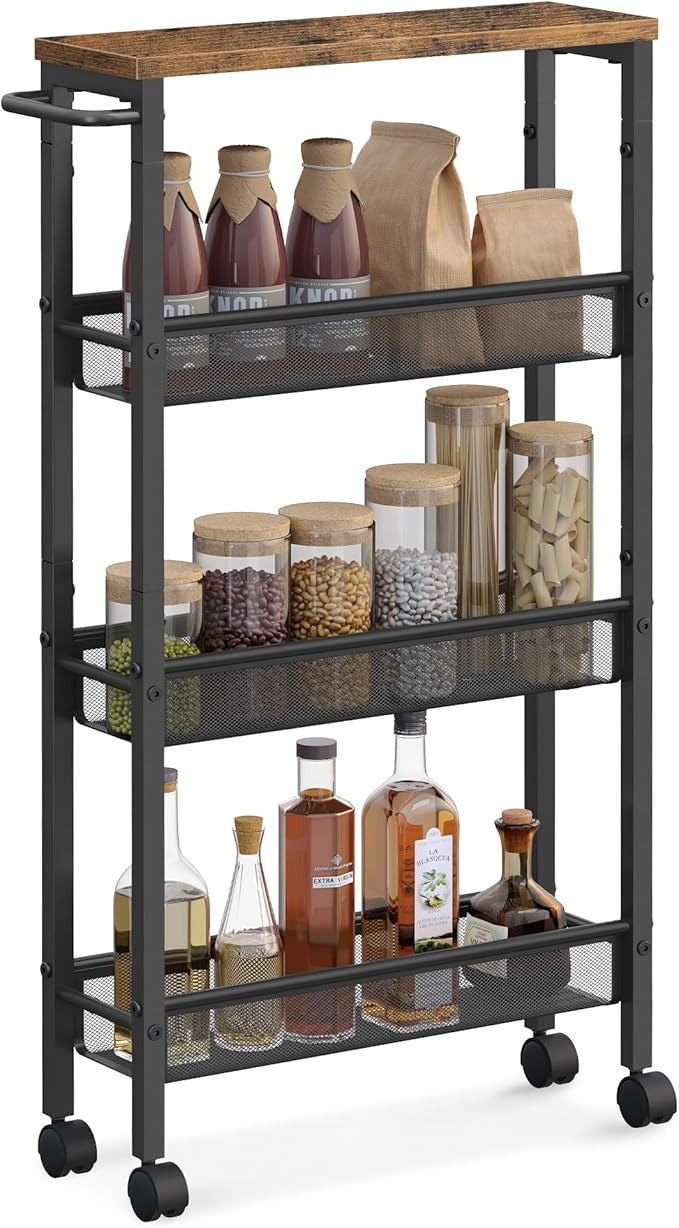 VASAGLE Slim Rolling Cart, 4-Tier Narrow Storage Cart with Handle, 5.1 Inches Deep, Metal Frame, for Kitchen, Dining Room, Living Room, Home Office, Rustic Brown and Classic Black ULRC032B01V1