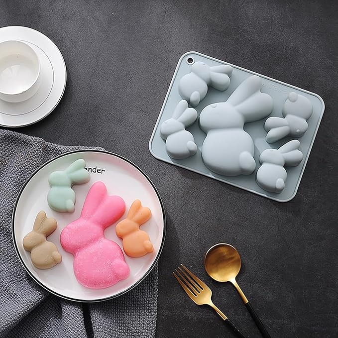 2 Pack Bunny Silicone Molds, 5-Cavity Easter Bunny Chocolate Tray Molds, Bunny Baking Molds for Jellies, Candies, Ice Cubes, Wax Melts, Soaps, Cake Decoration
