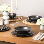 Stone Lain Oasis 12-Piece Dinnerware Set Stoneware, Dishwasher and Microwave Safe Plates and Bowls Set, Dish Set for 4, Black