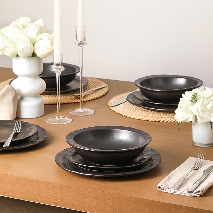 Stone Lain Oasis 12-Piece Dinnerware Set Stoneware, Dishwasher and Microwave Safe Plates and Bowls Set, Dish Set for 4, Black