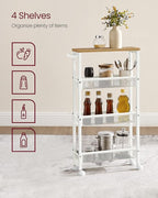 VASAGLE Slim Rolling Cart, 4-Tier Storage Cart, Narrow Cart with Handle, 5.1 Inches Deep, Metal Frame, for Kitchen, Dining Room, Living Room, Home Office, Oak Beige and Classic White ULRC032W09