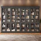 70.8" Bookshelf with Glass Doors, Farmhouse Modular Bookcase with 6-Tier Adjustable Shelves, Large Storage Cabinet for Living Room & Home Office, Set of 2, Black