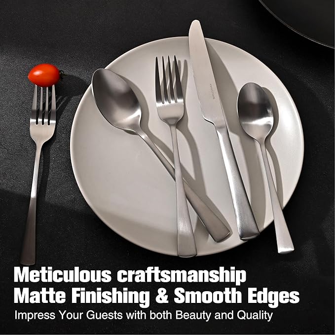 KINGSTONE 30-Piece Silverware Set, 18/10 Stainless Steel Flatware Set for 6, Matte Satin Finish Forged Cutlery Set Dishwasher Safe
