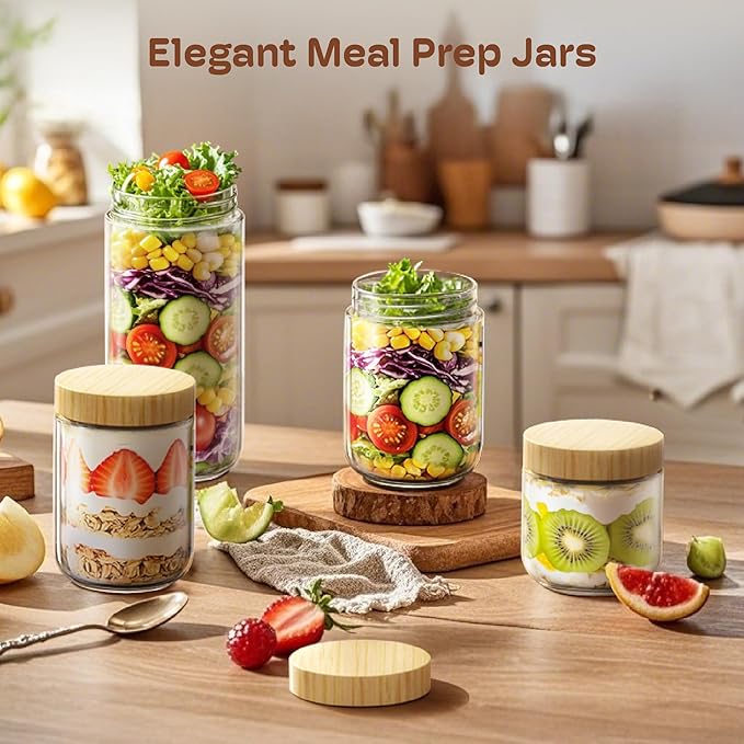2 pack 24oz Overnight Oats Containers with Bamboo Lids, Glass Jars with Airtight Lids for Meal Prep, Wide Mouth Mason Salad Jars, Glass Food Storage Container for Yogurt Chia Snacks Spice Sugar