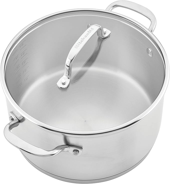 KitchenAid 3-Ply Base Brushed Stainless Steel Induction Pots and Pans Set with Nonstick Round Grill Pan and Lids, Dishwasher Safe, 10 Piece Cookware Set, Brushed Stainless Steel