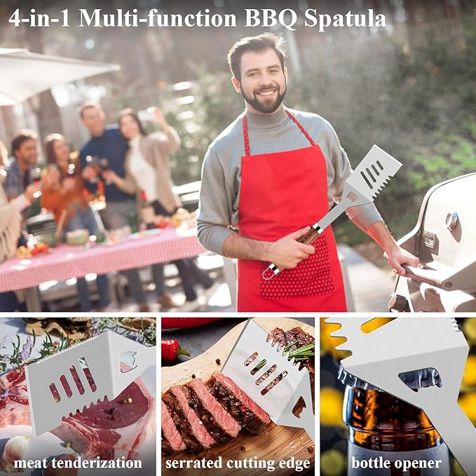 ROMANTICIST 25pcs Extra Thick BBQ Grill Accessories, Fathers Day Grilling Gifts Set for Men Dad, Heavy Duty Grill Tools Utensils Kit with Spatula, Tongs in Aluminum Case for Birthday Brown