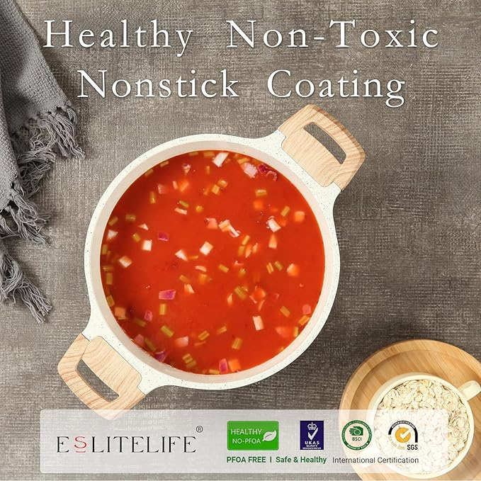 ESLITE LIFE Nonstick Stock Pot with Lid, 7 Quart Granite Casserole Large Soup Pot Pasta Cooking Pot, Induction Compatible, PTFE & PFOA Free, White