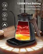 Harriet Gooseneck Electric Kettle - 1200W Fast Heat, 0.8L Stainless Steel, Precision Temp Control & Timer, Wood Handle, Pour Over Coffee and Tea, Black