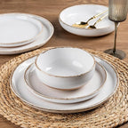 AmorArc Ceramic Dinnerware Sets with Pasta Bowls for 4, Handpainted Plates and Bowls Set with Rustic Terracotta Underside, Scratch Resistant Dishes Set, Dishwasher & Microwave Safe, 16 Pcs-White