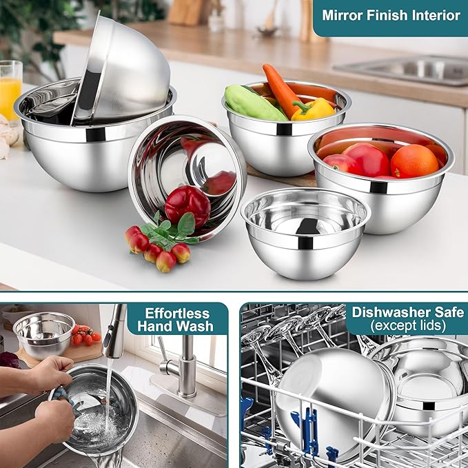 LIANYU Stainless Steel Mixing Bowls, 6 Packs Deep Metal Nesting Bowls Set for Baking Cooking Serving Prepping, Large& Small 7, 3.5, 2.5, 2, 1.5, 1QT Size, Include Visible Airtight Lid, Dark Blue