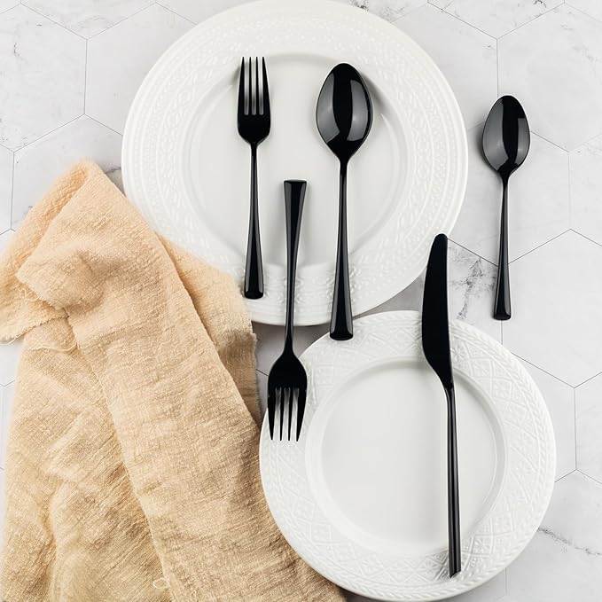 Alata Bailey Black 20-Piece Forged Stainless Steel Flatware Set Cutlery Set, Service for 4, Silver Finish, Dishwasher Safe