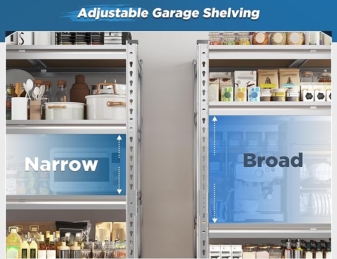 REIBII Garage Shelving, 5 Tier Storage Shelves Load 3000LBS, Adjustable Garage Shelving Heavy Duty, Metal Shelves Unit for Basement, Warehouse, 48" W x 72" H x 18" D, Galvanized