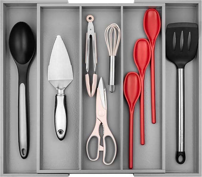 Purawood Kitchen Drawer Organizer - Expandable Utensil Drawer Organizer for Kitchen, Cutlery Tray & Silverware Organizer, 3-5 Slots - Bamboo Organizer for Utensils & Flatware (Grey)
