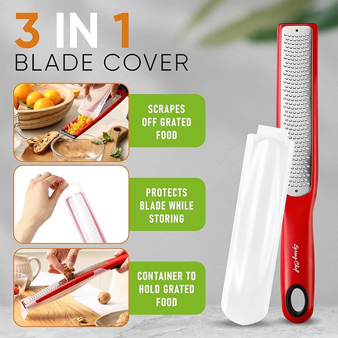 Spring Chef Premium Red Lemon Zester Grater with Handle - Fruit, Garlic, Citrus, Nutmeg, Orange Zester Tool - Heavy Duty Kitchen Shredder - Stainless Steel Ginger Grater with Blade Cover - Fine Shred
