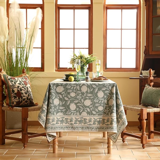 ISAENNE Designer Grayish Green Linen Square Tablecloth,Floral Elegant Stain Resistant Table Cloth,Fall Vintage Decor Tablecloths for Dining Thanksgiving Kitchen Tea Party,67"*67"-Andrew A
