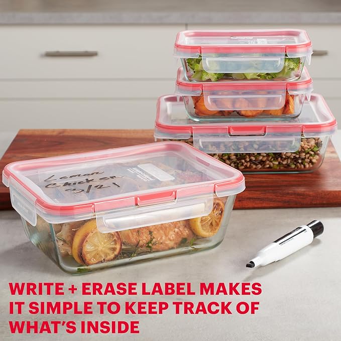 Pyrex Freshlock (4-Pack) Mixed Sized Glass Food Storage Containers Set, Airtight & Leakproof Locking Lids BPA-Free, Meal Prep Containers Set, Freezer Dishwasher Microwave Safe