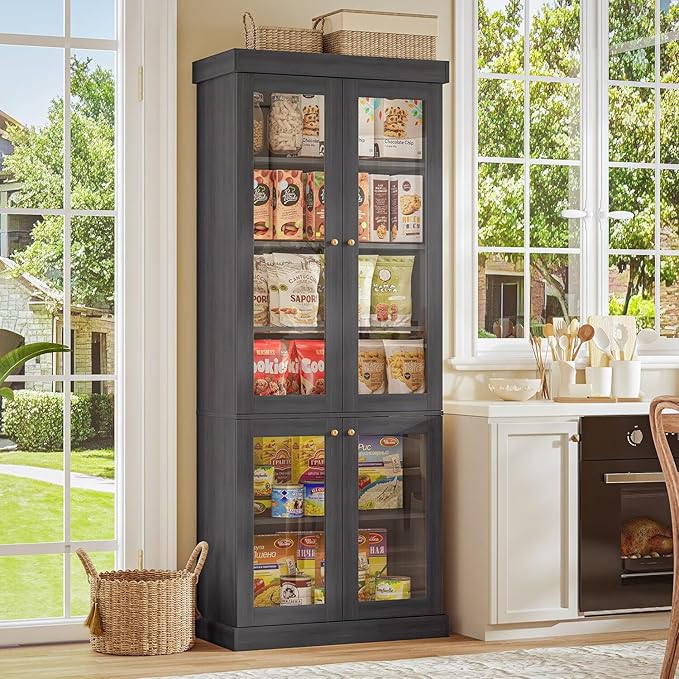 70.8" Tall Farmhouse Bookshelf, Modular Bookcase with Glass Doors, 6-Tier Adjustable Shelves, Large Storage Cabinet for Kitchen, Living Room, Black, Set of 3