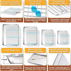 P&P CHEF 16 + 12.5 + 10.4 + 9 Inch Baking Sheet and Rack Set, Stainless Steel Cookie Sheets Oven Baking Pans Trays with Cooling Racks for Cooking & Roasting, Oven & Dishwasher Safe, (8Pcs)