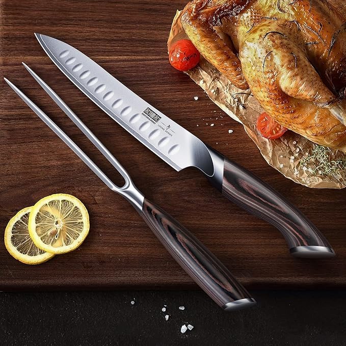 HOSHANHO 8 Inch Carving Knife & 7 Inch Fork Set, Professional Japanese High Carbon Steel Razor Sharp Butcher Brisket Slicing Knife Set for Meat Cutting, BBQ