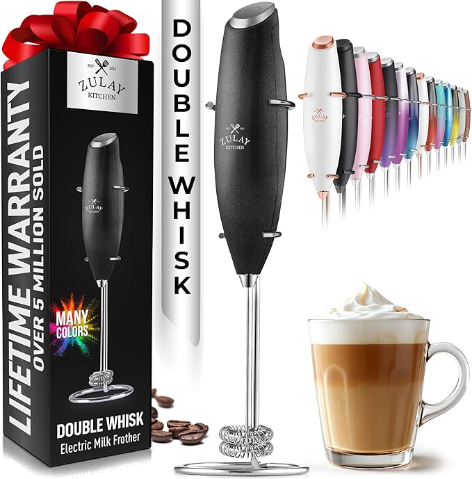 Zulay Kitchen Powerful Double Whisk Milk Frother Handheld - Foam Maker With Stand - Whisk Drink Mixer for Coffee, Mini Foamer for Latte, Matcha, Frappe, Hot Chocolate & Cappuccino (Metallic Black)