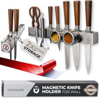 16" Adhesive Magnetic Knife Holder for Wall (No Drill) with 2x Storage - Safe, Patented Storage Design - Stainless Steel Magnet Knife Holder Strip - Magnetic Kitchen Organizer, Tool Storage