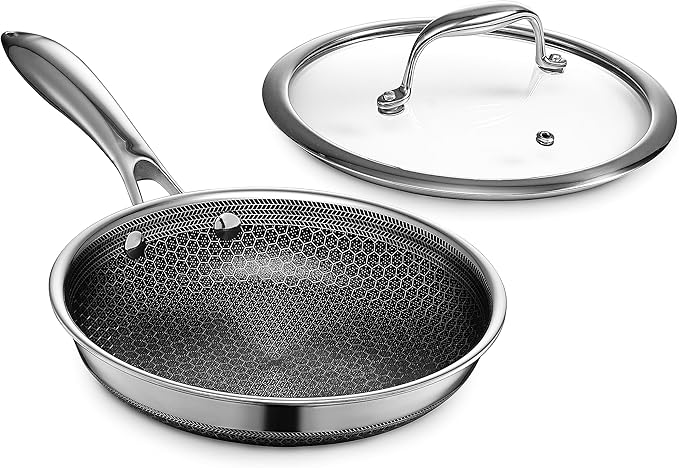 HexClad Hybrid Nonstick 8-Inch Frying Pan with Tempered Glass Lid, Stay-Cool Handle, Dishwasher-Friendly, Oven-Safe Up to 900°F, Induction Ready, Compatible with All Cooktops