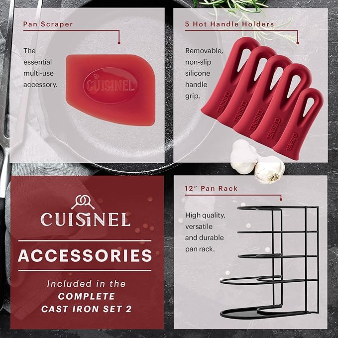 Cuisinel Cast Iron Cookware Set - Complete Pre-Seasoned Kit - 8" Skillet & 10" + 12" Skillets with Glass Lid + Grill Pan + Multi-Cooker/Dutch Oven + Flat Griddle + Pizza Pan + Organizer Rack - 2024