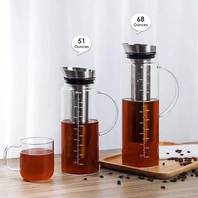 Aquach Cold Brew Coffee Iced Tea Maker & Fruit Pitcher - Large Capacity 51 Ounces - with Durable Glass Carafe/Fine Mesh Steel Infuser/Airtight Lid