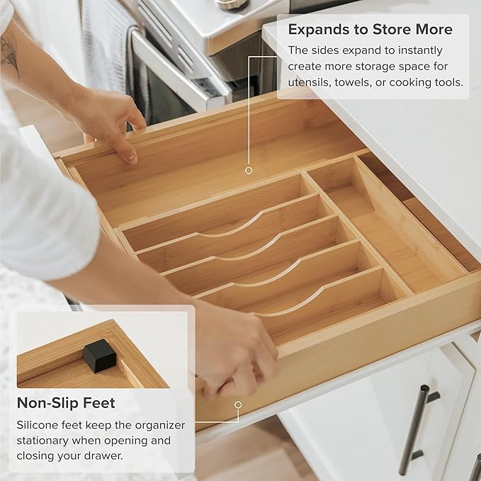 KitchenEdge Premium Silverware, Flatware and Utensil Organizer for Kitchen Drawers, Food-Safe Contract Grade, Expandable from 10.5 to 19 In, Natural Bamboo