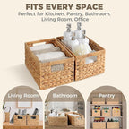 Set of 2 Wicker Shelf Storage Baskets for Organizing - Natural Durable Water Hyacinth Woven Basket Pantry Bin Organizers for Shelves with Handles for Home & Decor Organization, 12.5” x 8” x 6.5”