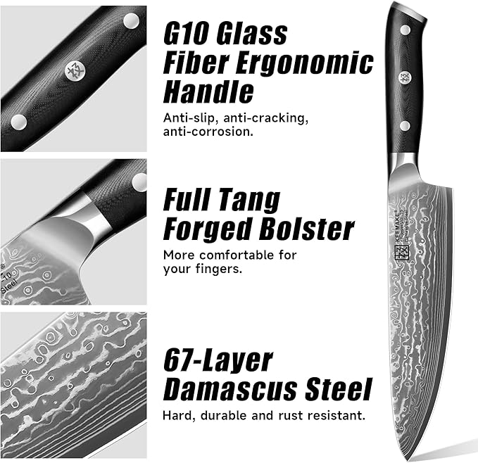 KEEMAKE Damascus Chef Knife, 8 Inch Kitchen Knife, 67 Layers Damascus Knife Professional Kitchen Knives with Japanese VG10 Core, Sharp Chefs Knives with Ergonomic G10 Handle