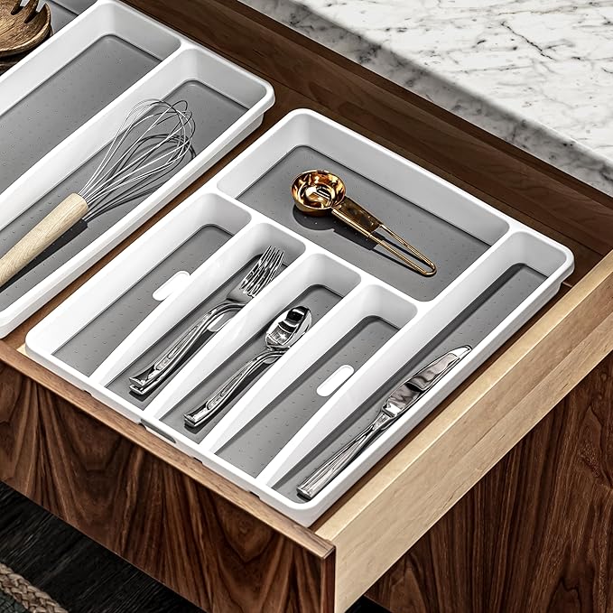 madesmart Classic Large Silverware Tray - White |CLASSIC COLLECTION | 6-Compartments| Kitchen Drawer Organizer | Soft-Grip Lining and Non-Slip Rubber Feet | BPA-Free (Pack of 6)