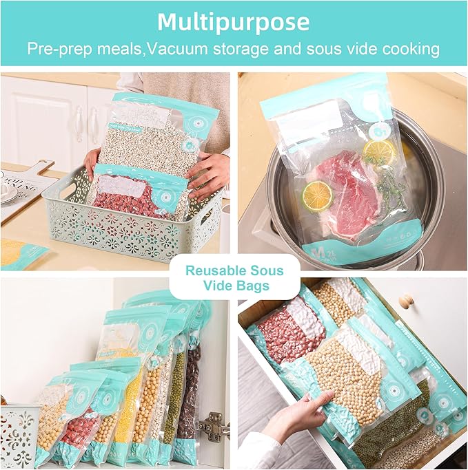 24PCS Sous Vide Bags Reusable, BPA Free Food Vacuum Sealer Bags, Thickened bag with a New Look, Vacuum Zipper Bags for Sous Vide Cooking, 20pcs food storage bags & 4 Seal Clips (8.2x 8.6 Inch))