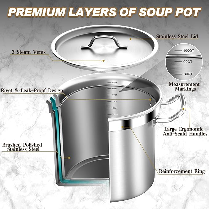 Large Stock Pot - 100QT Stainless Steel Stockpot with Lid, Heavy Duty Tri-Ply Bottom Commercial Grade Soup Pot for Cooking Soup, Stew, Canning, Oven, Gas, Ceramic, Dishwasher Safe