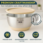 Baker's Signature Stainless Steel Mixing Bowls with Lids Set, 5 Sizes, 3 Graters, Non-Slip Base, Airtight Lids, Metal Mixing Bowls for Kitchen, Food Prep, Storage, 0.63QT-5QT, Khaki