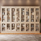 70.8" Bookshelf with Glass Doors, Farmhouse Modular Bookcase with 6-Tier Adjustable Shelves, Large Storage Cabinet for Living Room & Home Office, Set of 4, Brown