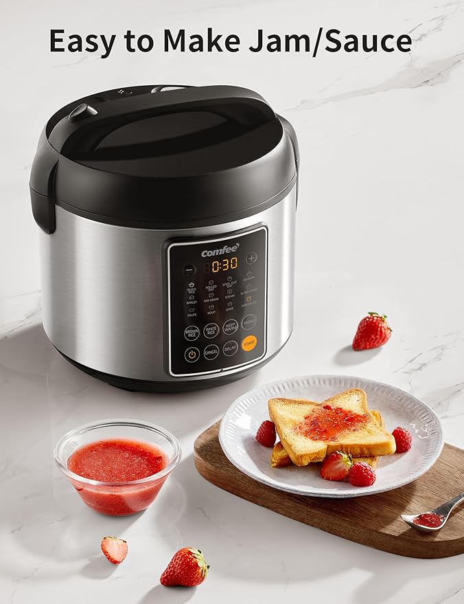 COMFEE' Rice Cooker, 14-in-1 Stainless Steel Multi Cooker, Slow Cooker, Steamer, Sauté, and Warmer, 5.3 QT, 20 Cups Cooked (10 Cups Uncooked), Brown Rice, Quinoa and Oatmeal