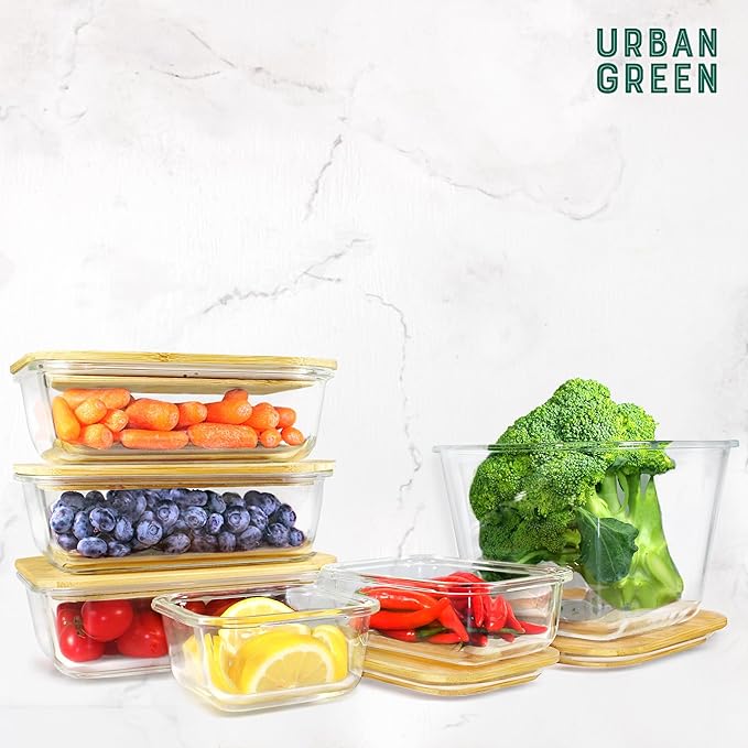 Urban Green Glass Containers with Bamboo Lids, Bamboo Meal Prep Storage Containers with Lids, Oven, Freezer, Microwave Safe, Pack of 4, 35oz