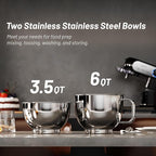 Stand Mixer, 3.5QT+6QT Two Bowls Kitchen Electric Mixer, 600W 6+P speed Tilt-Head Food Mixer with Stainless Steel Bowl, Dishwasher-Safe Dough Hook, Flat Beater, Wire Whisk, Splash Guard, Black