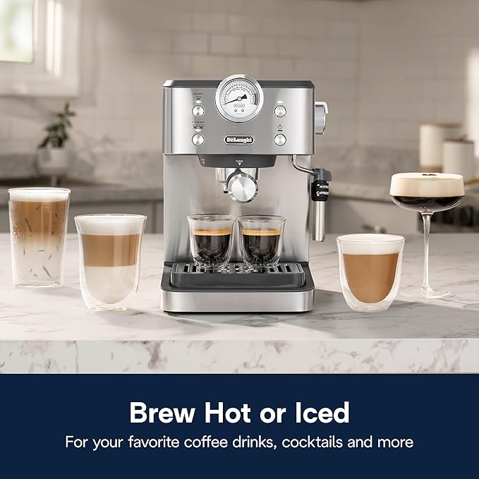 De’Longhi Classic Espresso Machine with Milk Frother, 15-Bar Pump & Temperature Control - Barista Coffee Maker Kit for Espresso, Latte, Cappuccino & Iced Coffee - Italian Stainless Steel Design