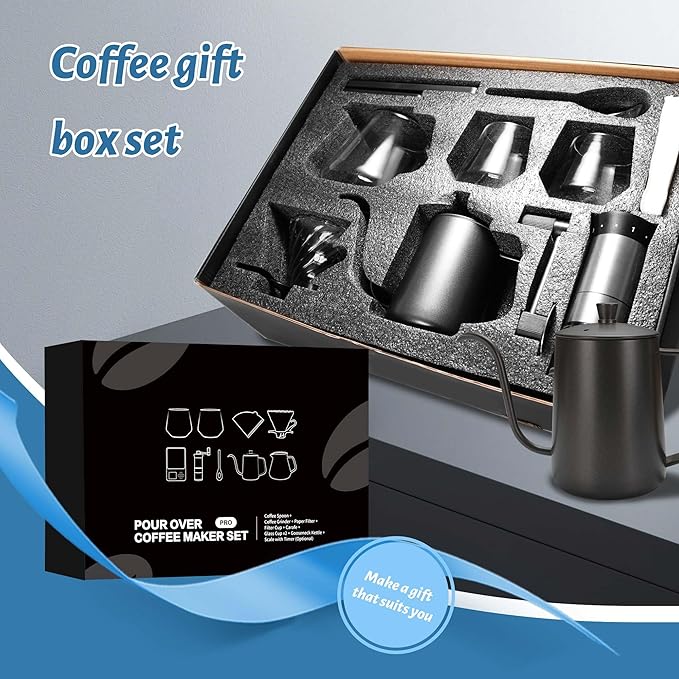 SuperCook Hand Drip Pour Over Coffee Set, All in One Includes Gooseneck Kettle, V60 Glass Dripper, Paper Filter, Cups, Manual Grinder, Scale, Ideal for Anniversary Birthday Gift
