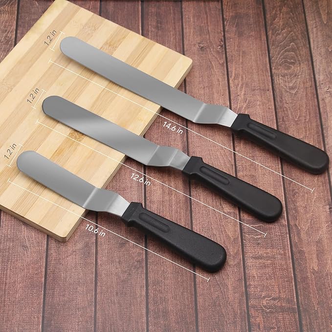 Offset Spatula Set with 3 Packs Cake Scrapers Smoother, Stainless Steel Angled Icing Spatula Cake Decorating Frosting Spatula Set with 6, 8, 10 inch Blades