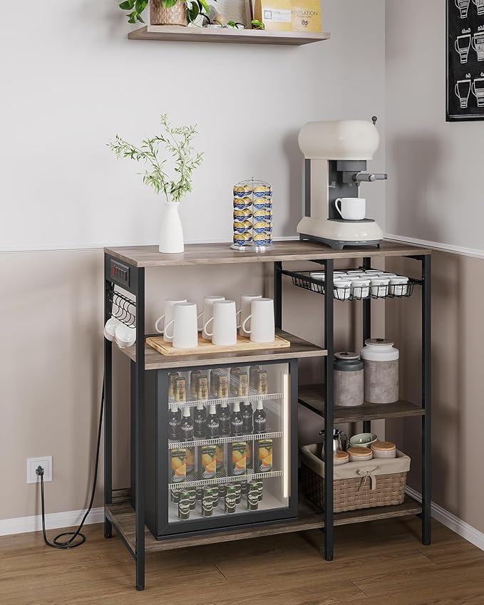VASAGLE Baker's Rack, Coffee Bar Stand with Charging Station, Storage Shelves, Pull-Out Wire Basket, Table for Microwave, Kitchen, Greige UKKS036K02, 15.7 x 35.4 x 35.6 Inches