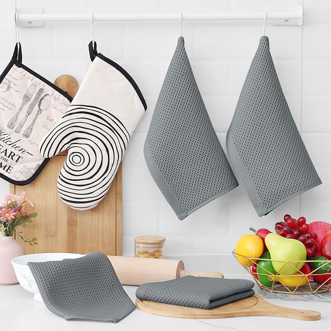 Homaxy 100% Cotton Waffle Weave Kitchen Dish Cloths, Ultra Soft Absorbent Quick Drying Dish Towels, 12 x 12 Inches, 8-Pack, Grey