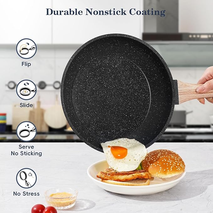 12 Pcs Pots and Pans Set, Nonstick Cookware Sets Black Granite Induction Cookware, Non-toxic Healthy Non Stick Kitchen Cooking Set with Frying Pans Set, Saucepans,Steamer (PFAS, PFOA, PFOS Free)