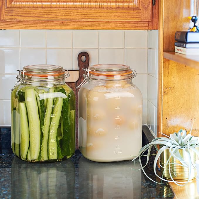 [UPGRADE] 2 Pack Square Super Wide Mouth Airtight Glass Storage Jars with Lids, 1.1 Gallon Glass Container with 2 Measurement Marks, Canning Jars with Leak-proof Lid for Kitchen (Spare Gasket)