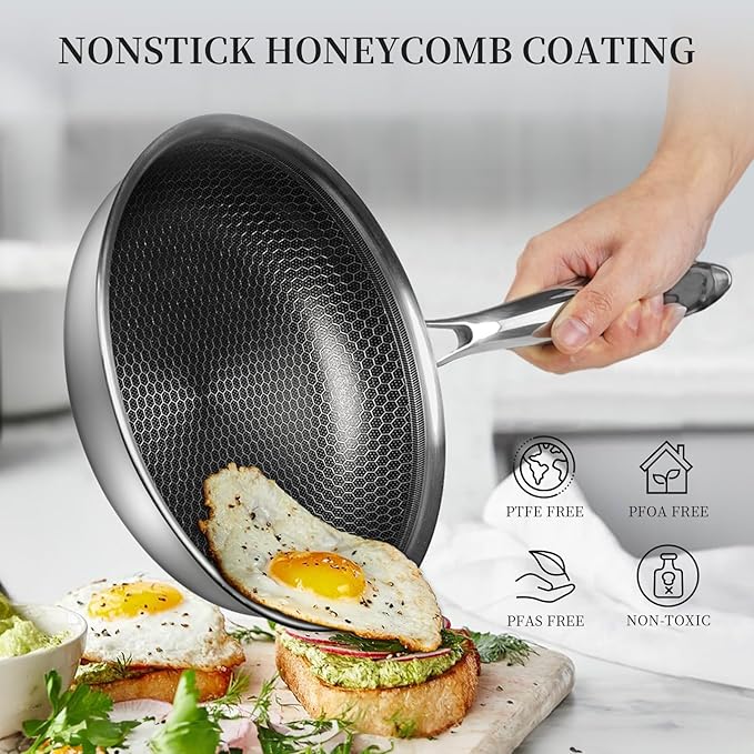 Stainless Steel Frying Pan Nonstick Frying Pan with Lid 10 Inch Honeycomb Stainless Steel Skillet Woks Pan for Gas Electric Induction Ceramic Stoves and Oven